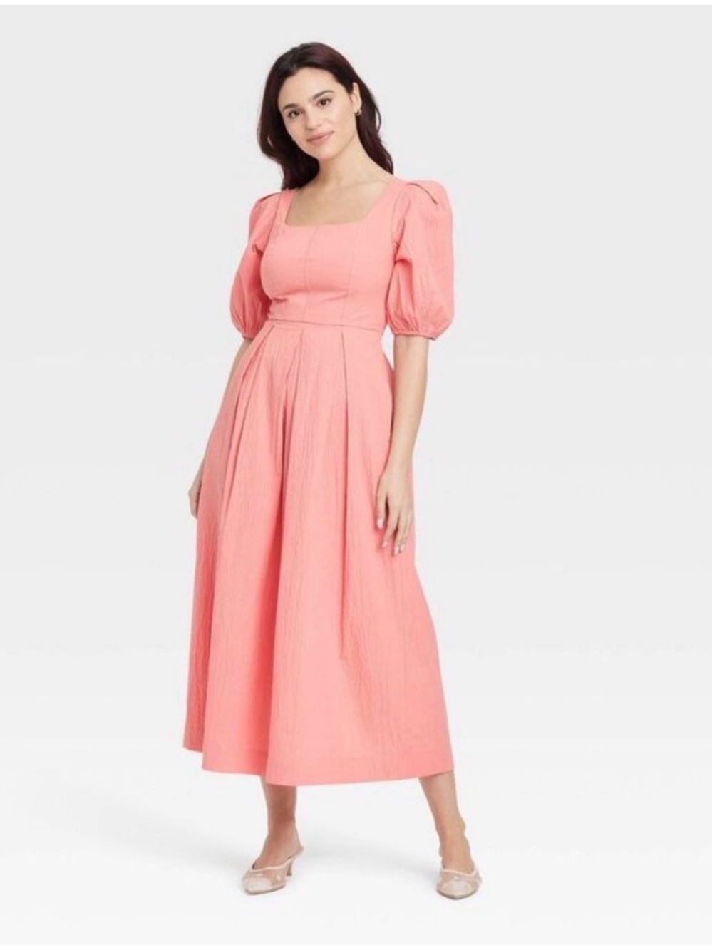 a new day Coral Pink Square-Neck Puff Sleeve Midi Dress